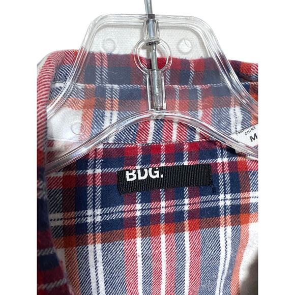 BDG Plaid Striped Red White Blue Button Down Shirt Flap Front Pockets Womens M - Picture 6 of 8